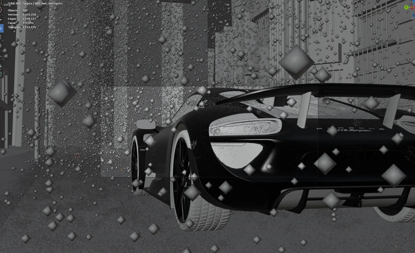 Ferrari rain simulation in the Blender viewport