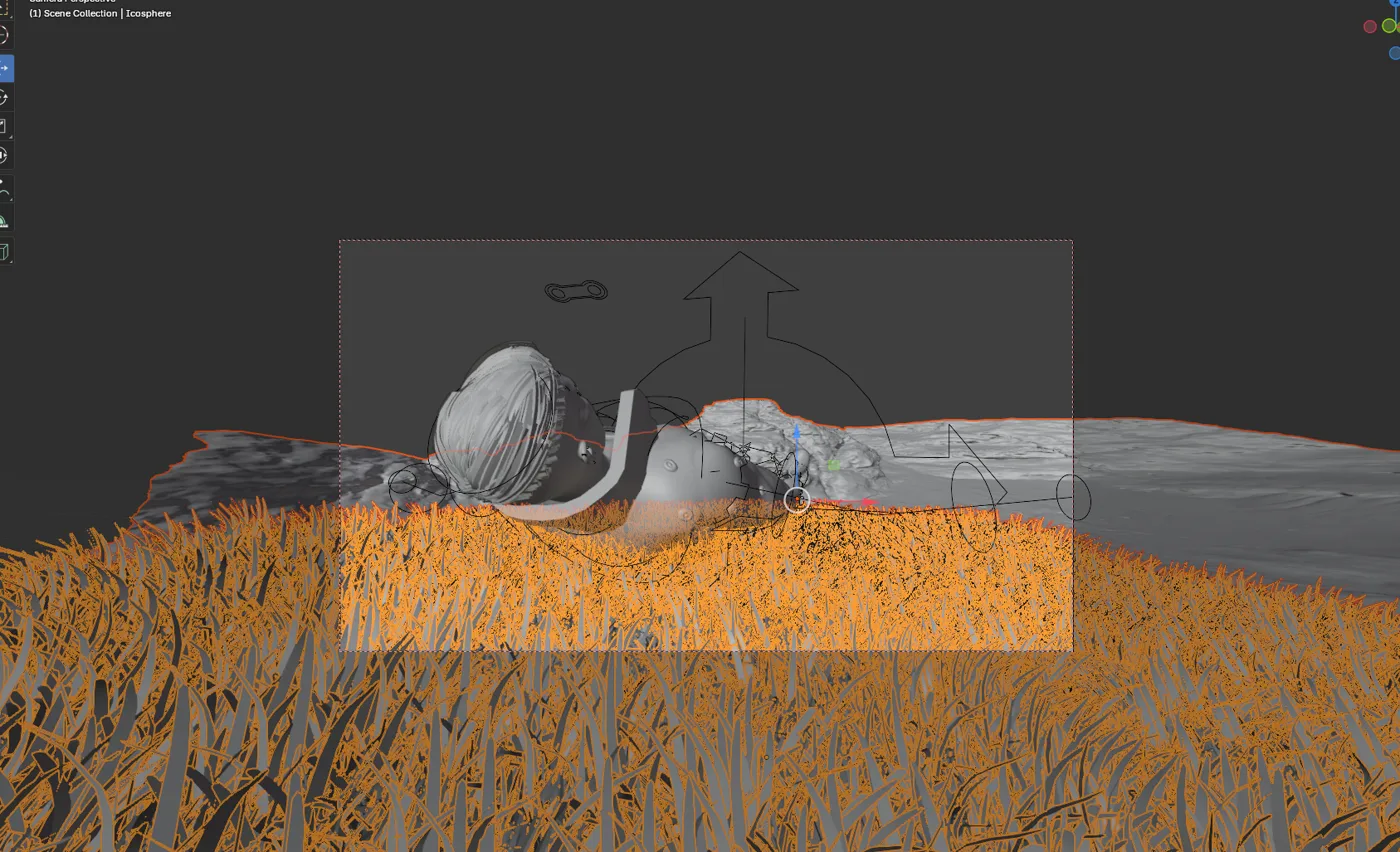 Character rig and grass simulation in the Blender viewport